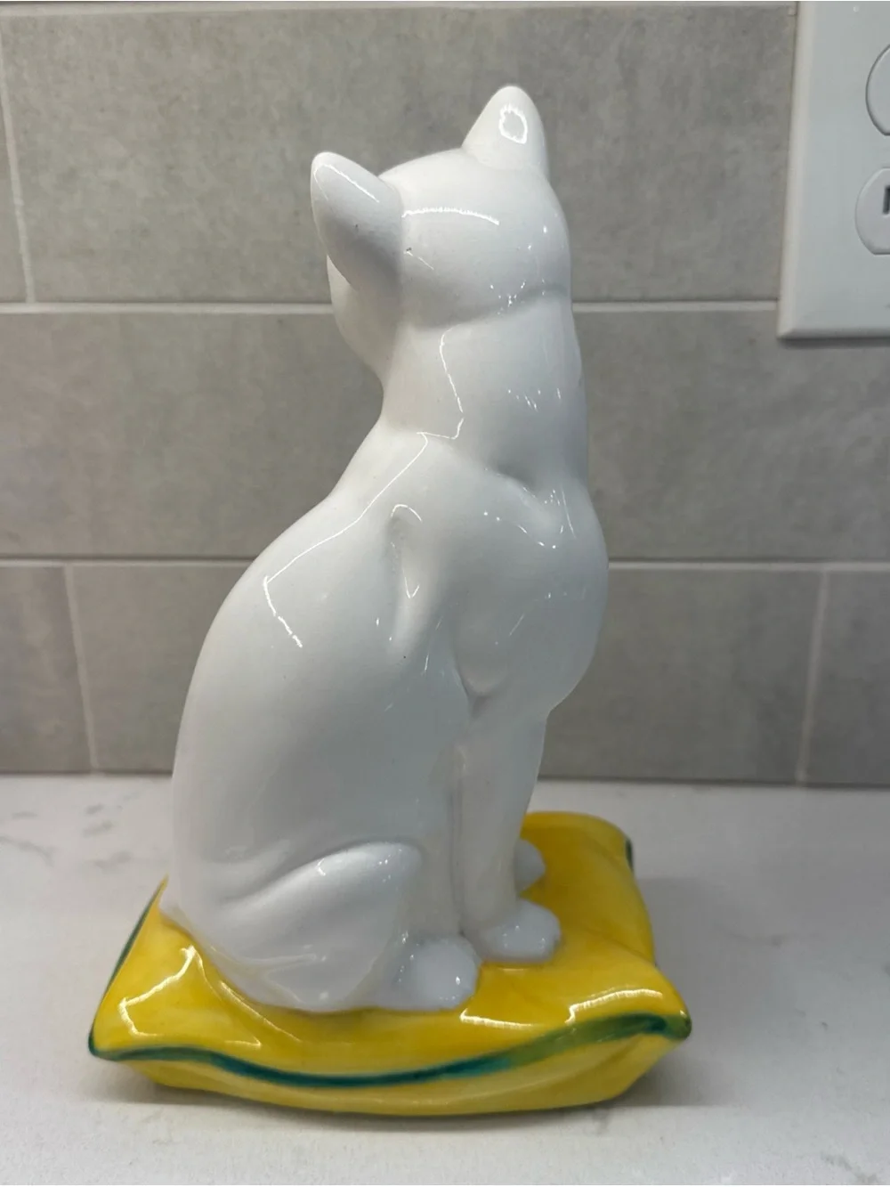 Vintage MCM White Ceramic Cat Figurine on Yellow Pillow - Decorative Pet Accent